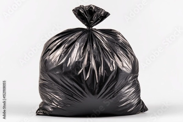 Fototapeta Large black garbage bag filled with waste sitting on a neutral background ready for disposal