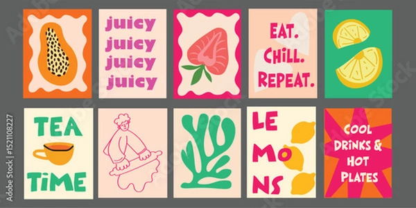 Fototapeta Summer-themed food banner for restaurant use, featuring juicy tomatoes, broccoli, pomegranate, and pineapple. Includes fun food phrases and a bright color scheme. Ideal for food trucks, bistros