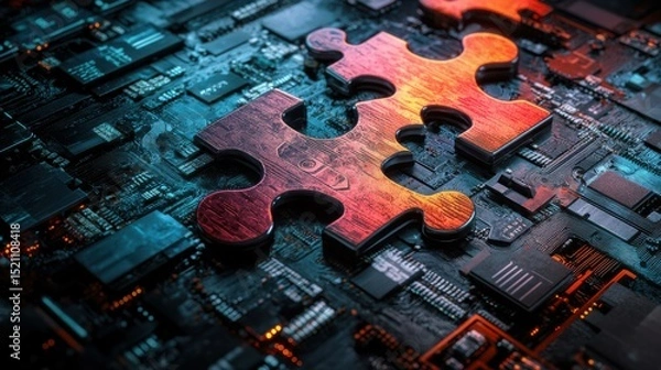 Fototapeta Two interlocking puzzle pieces on a circuit board, symbolizing technology integration and problem-solving
