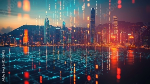 Fototapeta Futuristic city skyline at dusk with digital data streams flowing over a glowing grid, showcasing technology