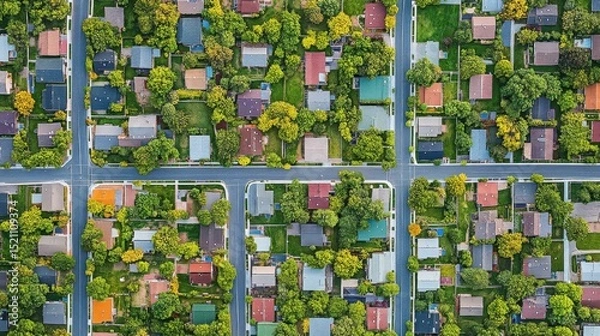 Fototapeta Aerial view of a suburban neighborhood showcasing colorful houses surrounded by lush greenery