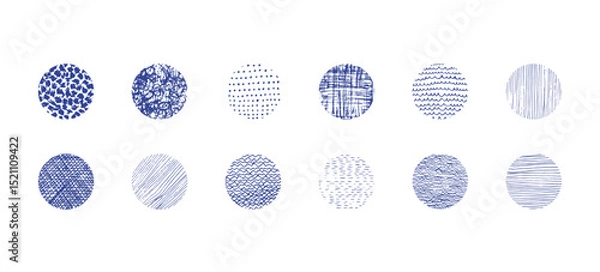 Fototapeta Set of isolated vector blue grunge hitting and stroking textured ink pen round shapes. Unique squiggle scratched hand drawn curve texture circles collection for graphic design, patterns