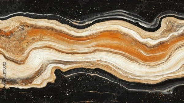Fototapeta Abstract geological pattern showcasing swirling orange, white, and black hues resembling a natural stone surface