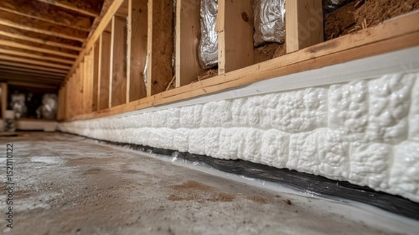 Fototapeta Insulation installation in a residential basement, showcasing foam application along the walls