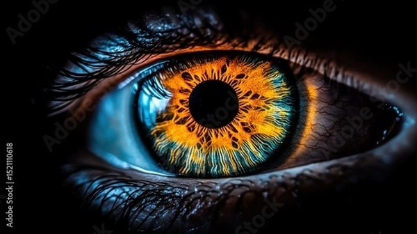 Fototapeta Close-up of a human eye showcasing intricate details of the iris with vibrant orange and blue hues
