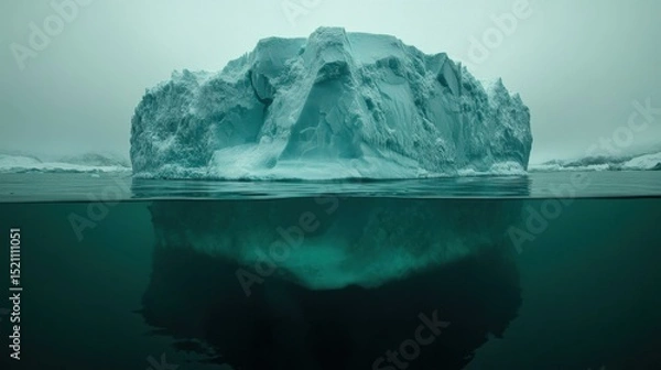Fototapeta Majestic iceberg floating in calm waters, reflecting its beauty, surrounded by foggy Arctic landscape