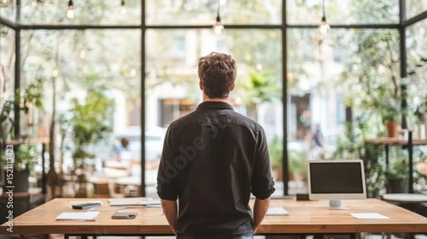 Fototapeta Man in a black shirt standing in a modern office space, contemplating work while surrounded by greenery