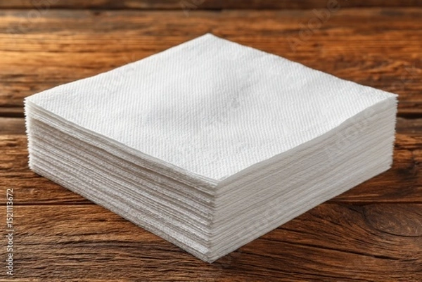 Fototapeta Stack of white paper napkins arranged neatly on a rustic wooden table for dining and catering needs