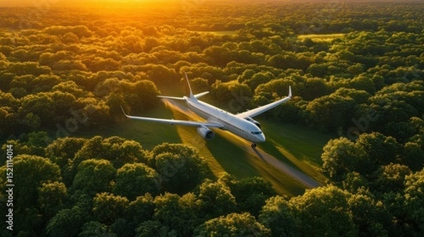 Fototapeta Aerial view of a modern airplane flying over lush green forests during a vibrant sunset