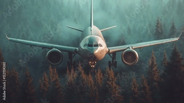 Fototapeta Airplane flying low through misty forest landscape, creating a dramatic atmosphere in nature