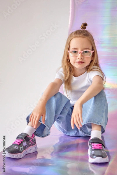 Fototapeta A charming girl with glasses sits on the floor in a relaxed pose. The child is dressed in a white T-shirt and blue jeans. On her feet are gray and pink sneakers with star patterns