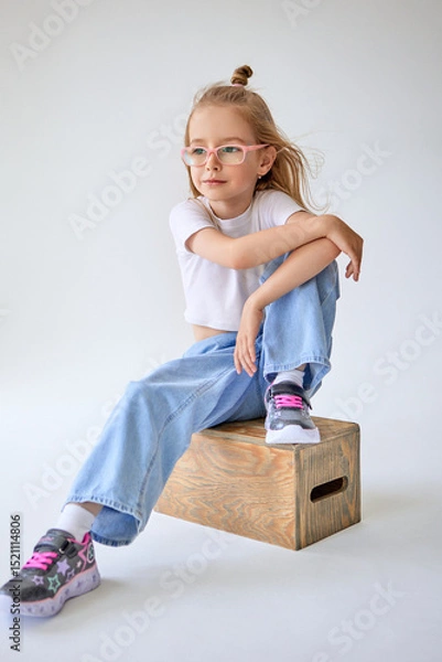 Fototapeta A young girl with long hair fluttering in the wind sits on a wooden cube, resting her hands on her knee and dreamily looking into the distance. The child looks relaxed and confident.