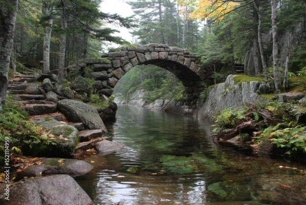 Fototapeta Stone arch bridge over tranquil waterway surrounded by lush forest in an early morning mist