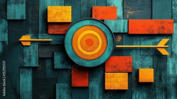 Fototapeta Abstract art composition featuring colorful wooden shapes arranged around a central target