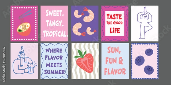 Fototapeta Tropical Summer Food Banner with Colorful Produce. Designed with a handpicked, rustic style and modern typography. Great for summer food promotions, menu boards, and wellness campaigns.