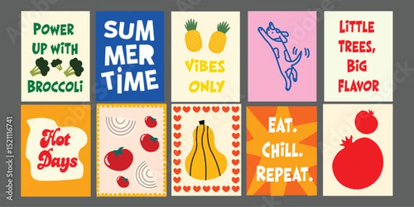 Fototapeta Vegan Summer Food Banner with Fresh Ingredients and Catchy Text. Features tomatoes, pomegranate, broccoli, pineapple, and avocado. Bright and modern layout ideal for plant-based brands, health food