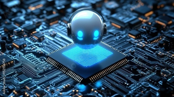 Obraz A futuristic digital scene featuring a glowing blue microchip with a stylized character wearing headphones, surrounded by intricate circuit patterns, symbolizing technology and innovation