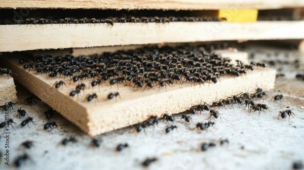 Fototapeta Close-up view of numerous ants swarming over a wooden surface in a rustic setting