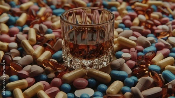 Fototapeta Glass of whiskey surrounded by colorful pills and capsules on a textured surface, creating a vibrant scene
