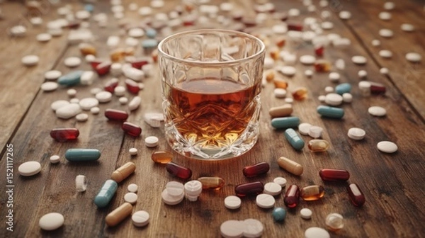 Fototapeta A glass of amber whiskey surrounded by an array of colorful pills on a rustic wooden table