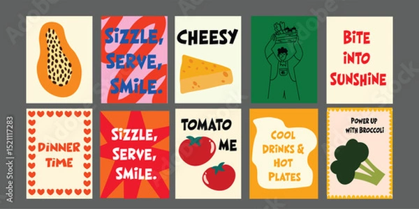 Fototapeta Colorful vegan food banner with fresh fruits and vegetables. Includes phrases like “Green Goodness” and “Chill & Grill.” Features tomatoes, pomegranate, broccoli, pineapple, and avocado. 
