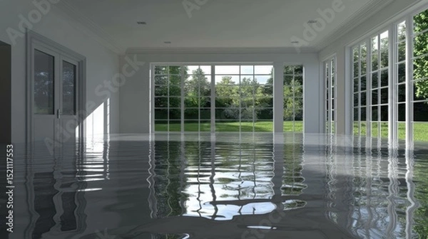 Fototapeta Flooded modern living room with large windows overlooking a green garden, sunlight streaming in