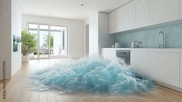 Fototapeta A surreal kitchen scene with a wave crashing onto the wooden floor, creating an unexpected flood effect