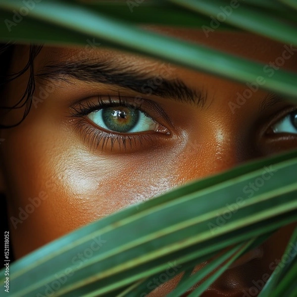 Fototapeta Portrait of Woman Peeking Through Palm Leaf - Clean Bali Composition