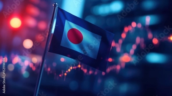 Fototapeta Vibrant Japanese Flag Waves Against a Cityscape with Financial Data Visualization in Background