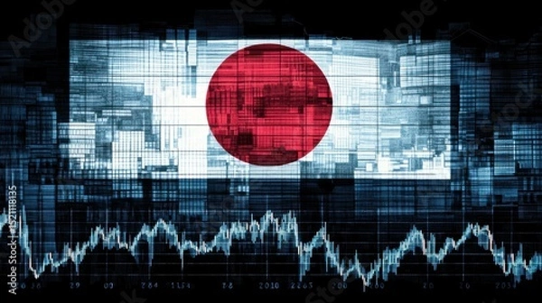 Fototapeta Abstract representation of Japan's flag with digital elements, showcasing technology and data trends