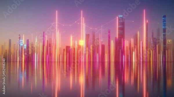 Fototapeta Vibrant futuristic city skyline at sunset, reflecting on water with colorful lights and data visuals