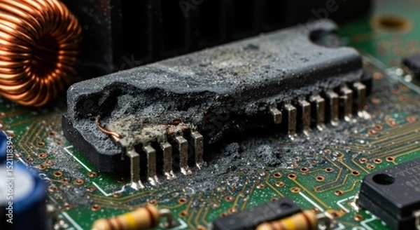 Fototapeta Close-up of a damaged electronic circuit board with a burnt microchip and dust accumulation