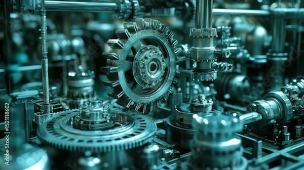 Fototapeta Intricate close-up of interconnected metal gears and machinery in a factory setting, showcasing engineering precision