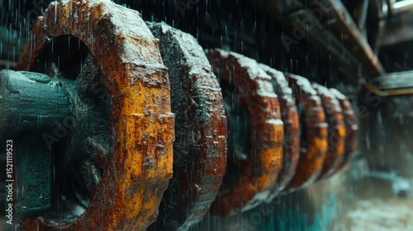 Fototapeta Close-up of rusted industrial gears under heavy rain in a factory setting, showcasing weathering effects