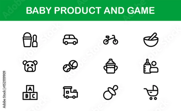 Fototapeta Vector Icons Collection for Baby Products and Games Including Toys, Rattles, Pacifiers, and Play Elements