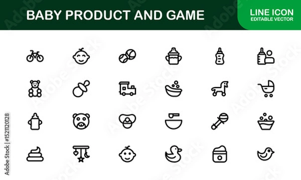 Fototapeta Vector Icons Collection for Baby Products and Games Including Toys, Rattles, Pacifiers, and Play Elements