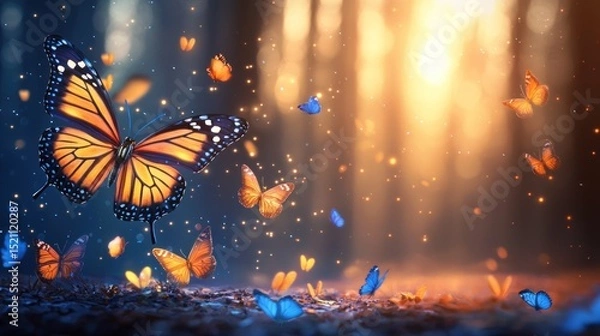 Obraz Monarch butterflies flutter among glowing lights in a magical forest