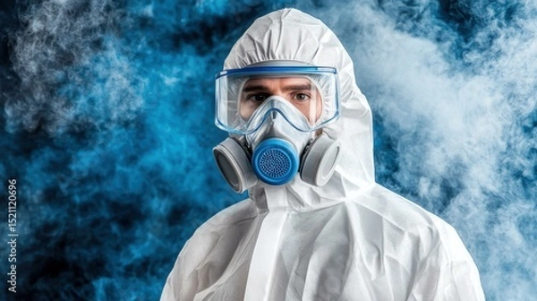 Fototapeta Person in protective gear stands against a smoky blue background, emphasizing safety and health
