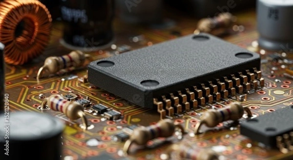 Fototapeta Close-up of a microchip on a circuit board with resistors and capacitors in a tech environment