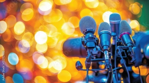 Obraz Close-up of multiple microphones in front of a colorful, blurred background with lights
