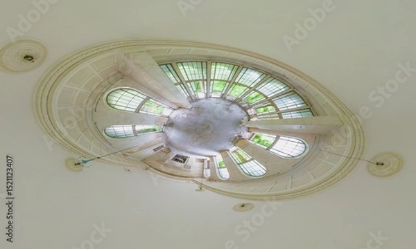 Obraz Tiny planet effect showing circular ceiling with arched windows in dilapidated Sanatorium Metallurgist, an old SPA of 1980s ussr, with trees growing inside, located in Georgia