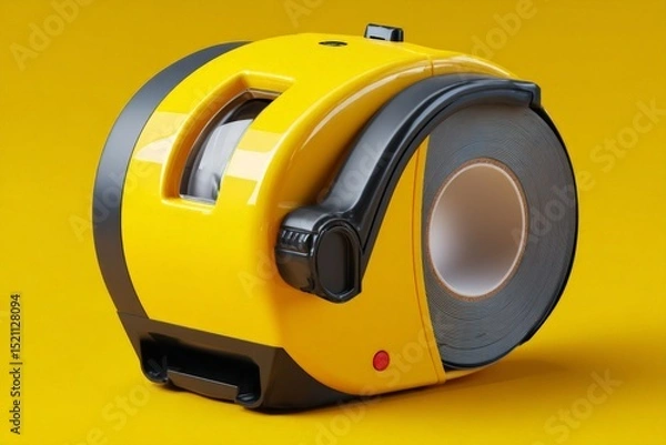 Fototapeta Measuring tape with yellow casing lying on a bright yellow background during a creative workspace setup