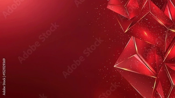 Fototapeta Geometric ruby forms with golden edges float against a red backdrop