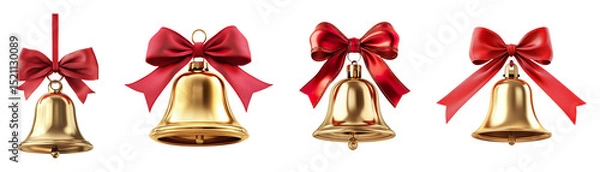 Fototapeta A collection of gold bells and red bows isolated on a transparent background