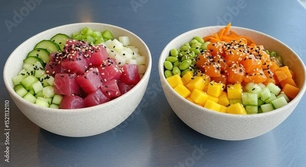 Fototapeta Two poke bowls with fresh tuna and salmon