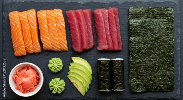 Fototapeta Sushi ingredients arranged on a dark slate board