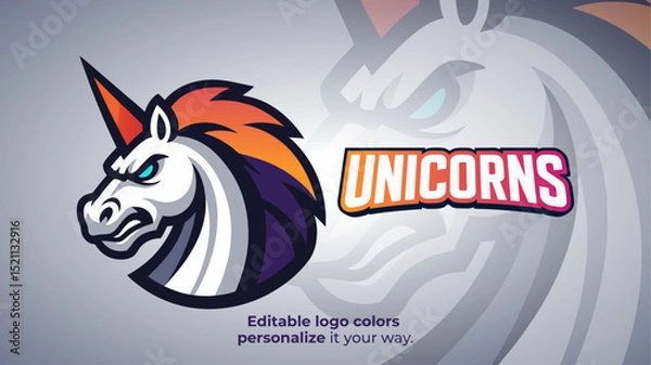 Obraz Fierce Unicorn Mascot Logo with Color Streak Mane – Esports Fantasy Avatar Vector

