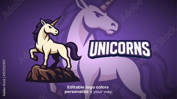 Obraz Heroic Unicorn Mascot Logo on Rock – Fantasy Creature for Gaming or Esports Identity
