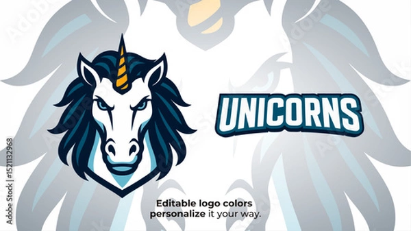 Obraz Unicorn Head Mascot Logo with Blue Mane – Fantasy Gaming or Esports Avatar Vector
