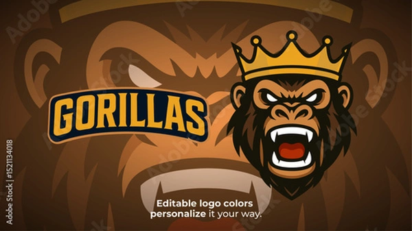 Obraz King Gorilla Mascot Logo with Crown – Royal Beast Avatar for Esports or Gaming Teams
